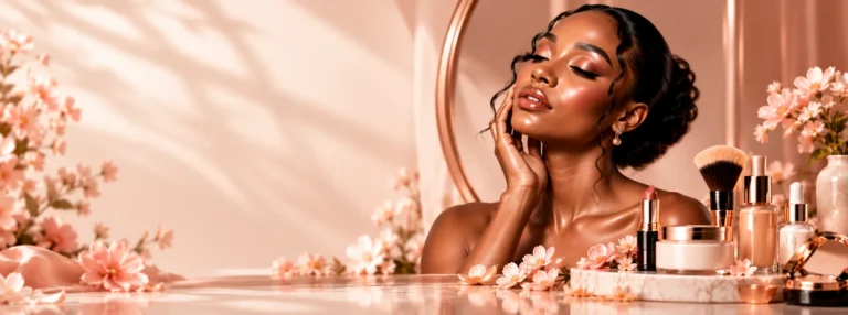 Woman with radiant makeup in front of a rose-gold mirror and beauty products