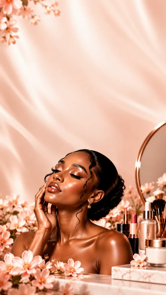 Portrait of a woman with radiant skin beside rose-gold beauty products