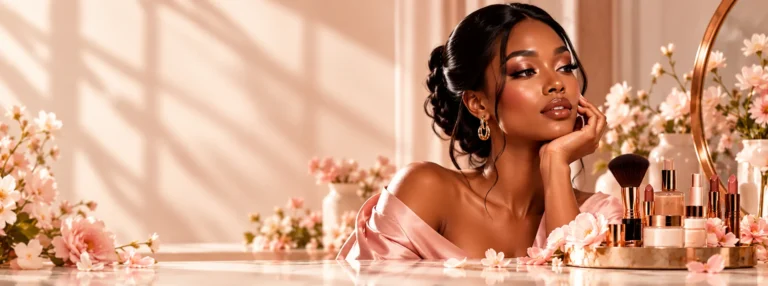 Woman in a blush satin robe beside lipsticks and makeup brushes