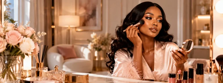 Woman applying blush at a vanity with makeup products
