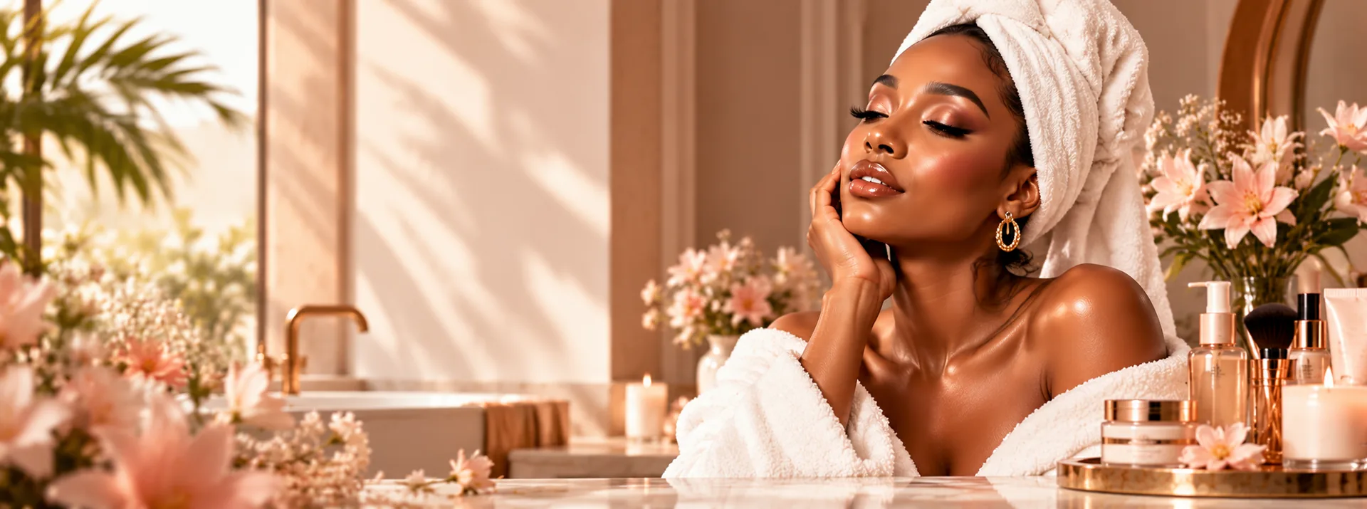Woman in a spa towel enjoying a skincare moment beside serums and creams